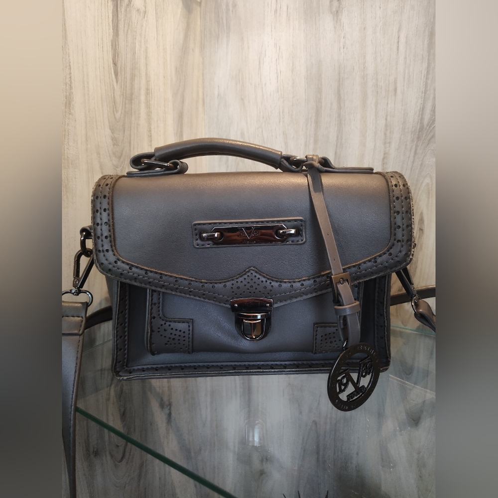 Versace Malia Perforated Convertible Satchel, Dark Gray Leather Handbag Mini